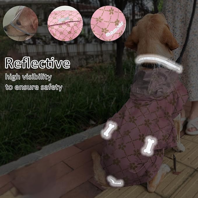 Waterproof Dog Raincoat, Adjustable Reflective Lightweight Pet Rain Clothes with Poncho Hood (Gold Cheery Blossoms Pink, X-Large)