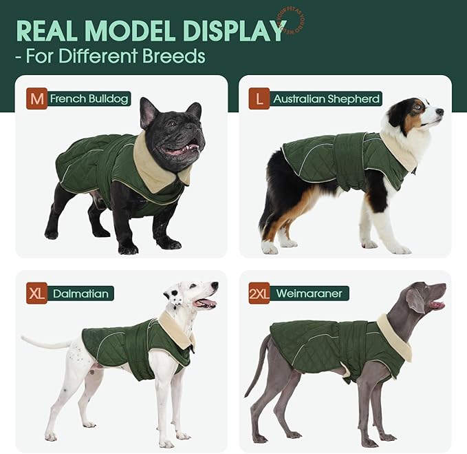 Kuoser Extra Warm Dog Jacket for Medium Dogs, Fleece Lined Dog Turtleneck Snow Suits, Windproof & Reflective Pet Winter Coat Cold Weater Clothes for Dogs, Green M