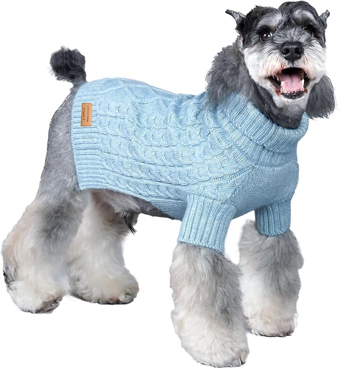KYEESE Dog Sweater Warm Dogs Clothes with Classic Cable Knit Long Sleeve Knitwear Pet Coats, Soft Turtleneck Dog Sweater for Small Dogs, Blue, Small