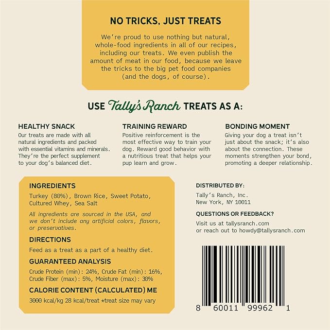 Tally's Ranch Turkey Jerky Dog Treats | High Protein, 80% Turkey, All Natural, 5 Simple Ingredients, No Added Sugar | Healthy Treats for Dogs | Made in The USA, 4 oz Bag