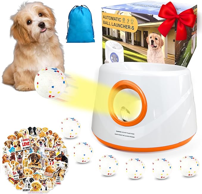 Automatic Ball Launcher for Dogs, Dog Ball Thrower with 19-32-45Ft Distance, Rechargeable Automatic Launcher with 6 Balls (2.2"), Dog Ball Launcher for Small & Medium Orange