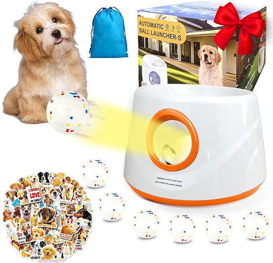 Automatic Ball Launcher for Dogs, Dog Ball Thrower with 19-32-45Ft Distance, Rechargeable Automatic Launcher with 6 Balls (2.2"), Dog Ball Launcher for Small & Medium Orange