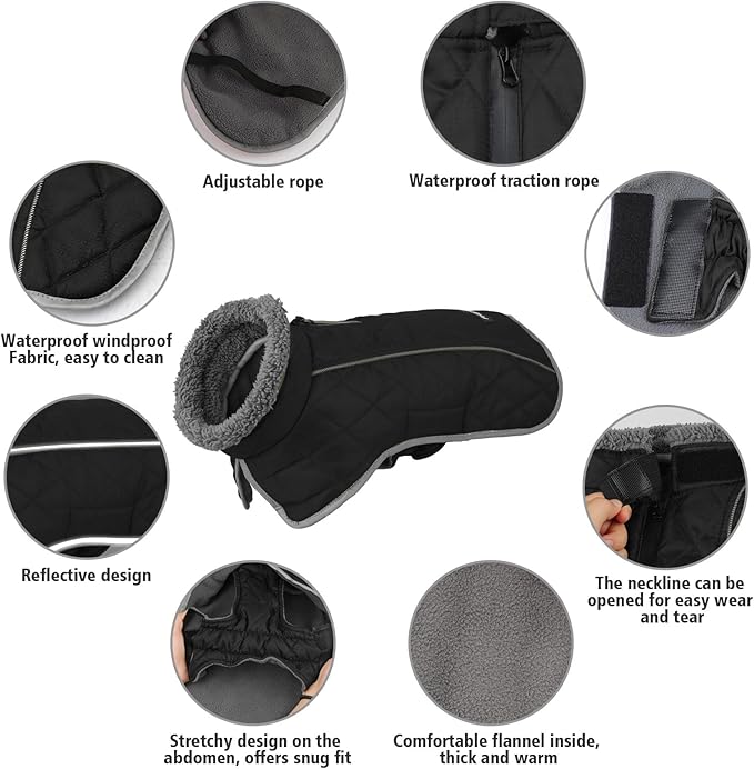 Fragralley Dog Coat Large, Waterproof Dog Jacket with Warm Fleece Lining, Adjustable Reflective Dogs Winter Coat, Turtleneck Pet Coats for Cold Weather (Black L)