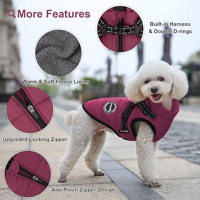 Warm Winter Coat, Fashion Sports Jacket with Built-in Harness, Reflective & Adjustable Comfortable Pet Vest, Waterproof Windproof Dog Apparel for Small Dogs (Purple)