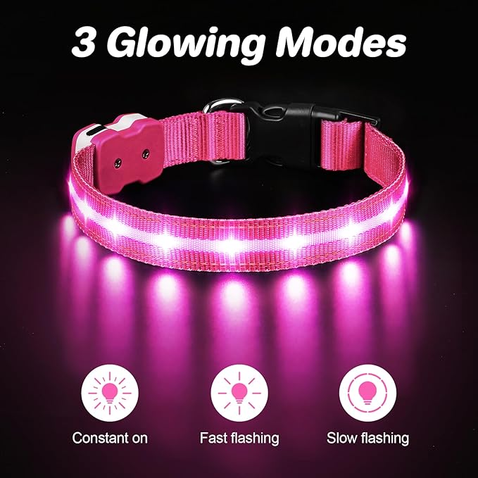 PcEoTllar Light Up Dog Collars, Led Dog Collar, Rechargeable, Night Walking, Waterproof, Glow in The Dark Dog Collars Light for Large Small Medium Dogs, Pink m