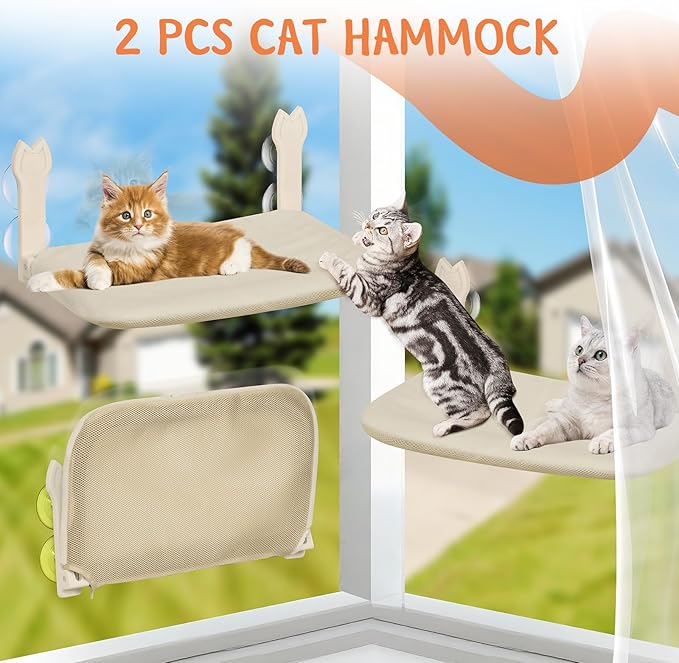 Cat Window Hammock 2-Pack,Foldable Cat Perch with Suction Cups & Metal Frame,Holds up to 40 lbs - Durable & Secure for Cats,Features 2-Sided Cushion & Easy Storage for Sunny Lounging(Beige)
