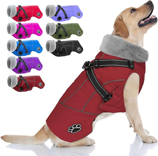 Doglay Dog Jacket Waterproof Dog Coat with Harness Built in, Christmas Puppy Winter Coat Reflective Turtleneck Puffer Snow Jackets for Small Medium Large Dogs