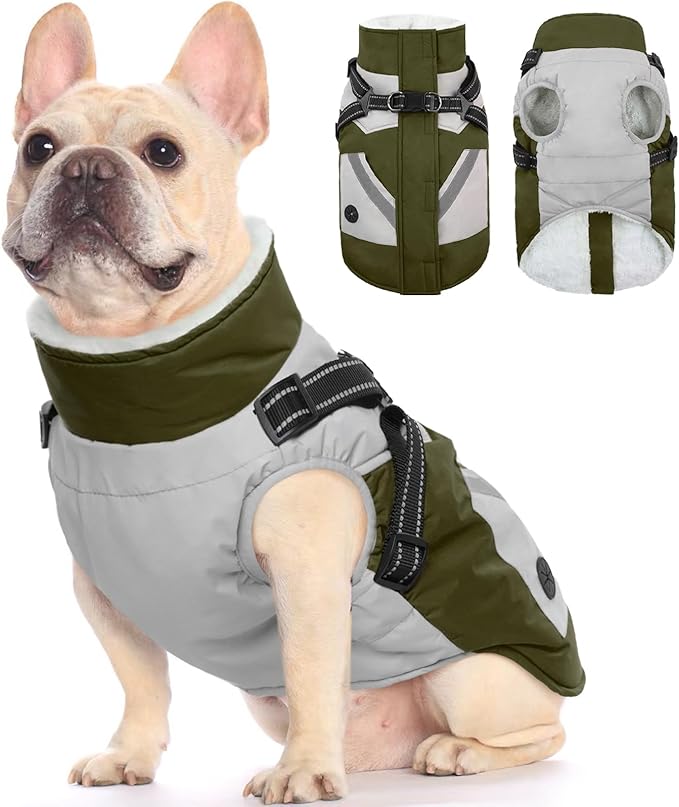 FUAMEY Dog Winter Jackets for Small Dogs,Dog Coat with Harness Built in,Waterproof Dogs Snowsuits Warm Pet Jacket Zip Up Fleece Cold Weather Coats Reflective Puppy Vest with Pocket Green XS