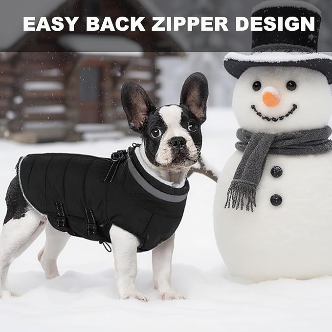 Dog Coat with Harness Built-in, Waterproof Reflective Fleece Lined - Warm Windproof Winter Jacket with Back Zipper, Cold Weather Snow Dog Coats - Black - L