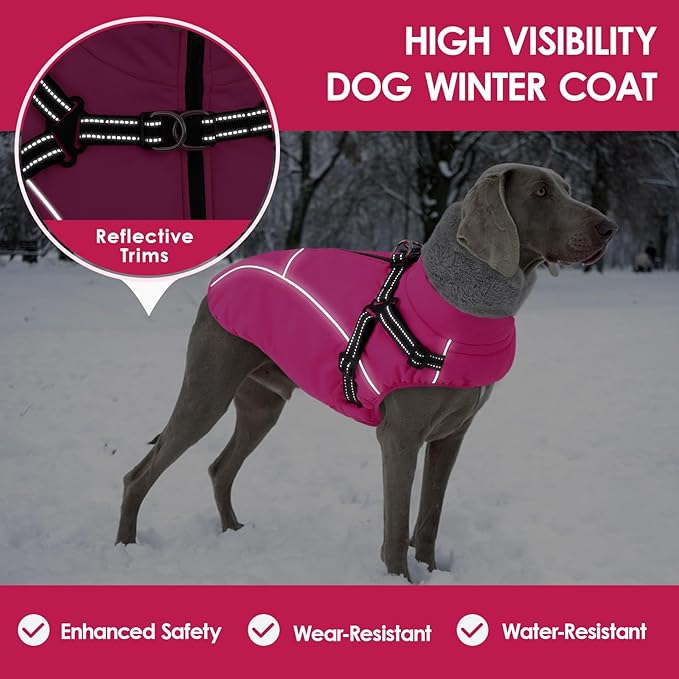 AOFITEE Dog Coat for Large Dogs, Waterproof Dog Jacket Winter with Harness Built in, Warm Fleece Pet Puffer Jacket with Zipper, Cold Weather Coats for Dogs, Reflective Pet Snowsuit, Pink XXL