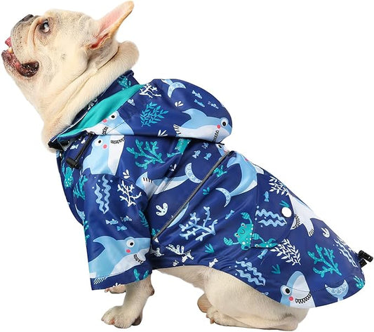 HDE Dog Raincoat Poncho Double Layer Zip Rain Jacket with Removable Hood, Leash Hole for Small to 3XL Dogs and Puppies Sharks - L