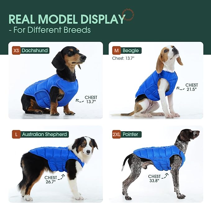 Kuoser Dog Puffer Jacket Warm Dog Coat for Extra Large Dogs, Windproof Reflective Pet Padded Vest Cold Weather Clothes Puppy Snowsuit with Hook & Loop Coats, Easy On/Off, Blue 3XL