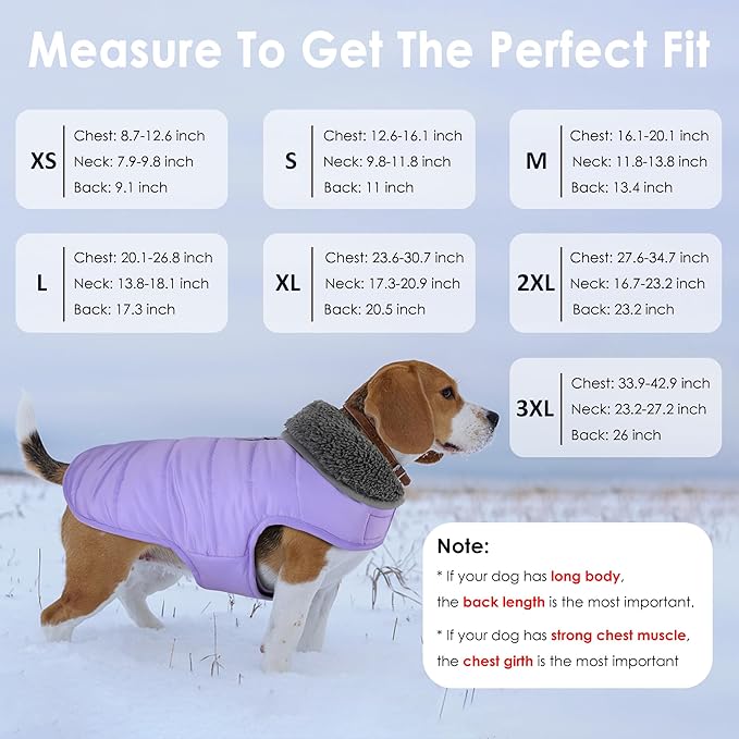Dog Winter Coat, Waterproof Dog Jacket with Leash Hole, Reflective Adjustable Pet Snow Vest, Warm Fleece Sweater for Small Medium Large Dogs - Light Purple, XL