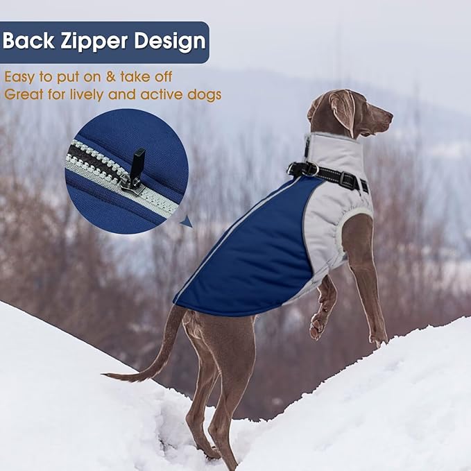 Dog Coat with Harness Built in,Water-Repellent Dog Jacket Christmas Puppy Winter Coat with Reflective,XS Warm Doggy Winter Jacket with Zipper,Soft Pet Fleece Snow Jacket for Small Dogs,Blue,XS