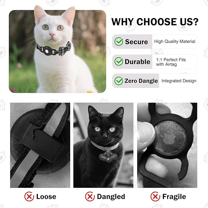 Airtag Cat Collar Breakaway, Cat Collar with Airtag Holder with Bells and Bowtie for Girl Boy Cats, Lightweight Adjustable Kitten Plaid Collars GPS Tracker Holder for Small Dogs Pets, Black