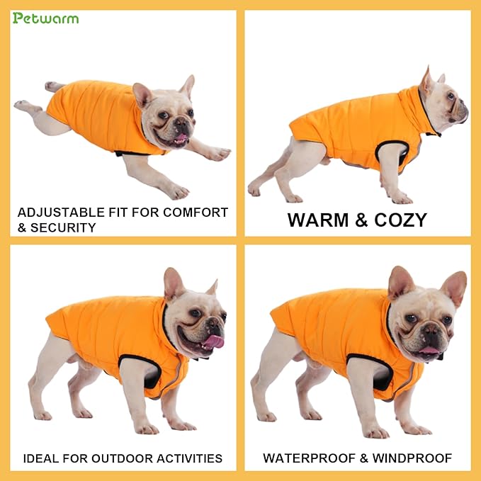 PetWarm Reversible Dog Cold Weather Coats, Waterproof Dog Puffer Vest, Vest for Dogs with Hook-and-Loop Strap, Windproof Outdoor Coat for Winter Walks and Snowy Days, Orange, XS