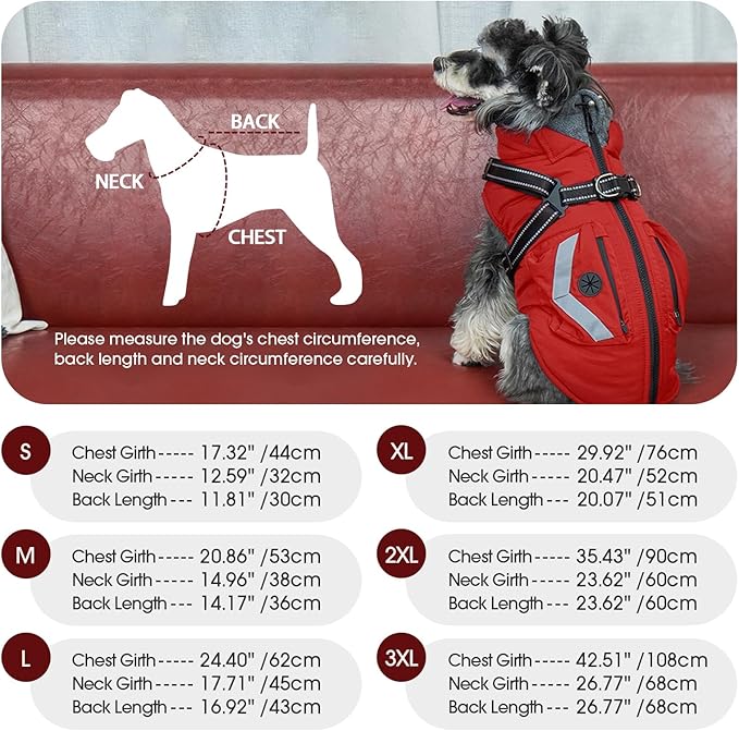 FUAMEY Dog Winter Coat with Harness, Insulated Jacket for Dogs Cold Weather Clothes, Back Zipper Doggie Cover for Snow Day, Pet Outfits with Pop Bag Pockets for Large Dogs, Boston Terrier (Red, L)
