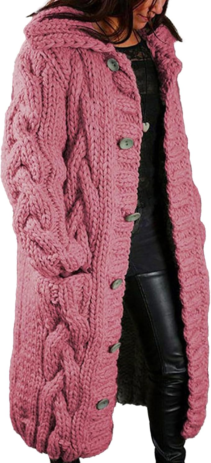 LOAIHA Women Chunky Cable Knit Long Sleeve Cardigan Fall Winter Trendy Oversized Button Down Sweaters Outerwear with Pocket