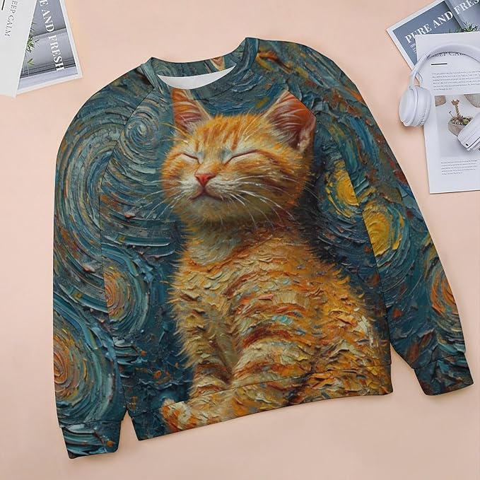Long Sleeve Shirts for Women Cat Oil Painting Shirt 3D Graphic Sweatshirts Fall Pullover Crewneck Vintage Boho Tops