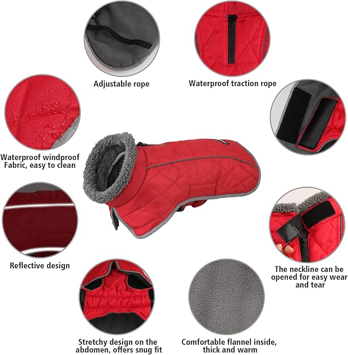 Fragralley Dog Coat Large, Waterproof Dog Jacket with Warm Fleece Lining, Adjustable Reflective Dogs Winter Coat, Turtleneck Pet Coats for Cold Weather (Red XL)