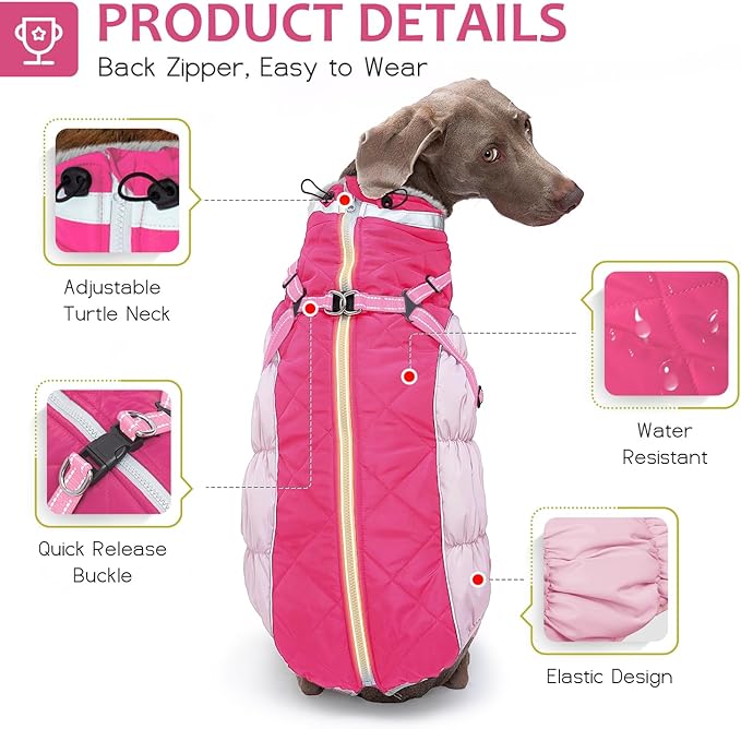 Dog Winter Coat with Harness, Dog Jacket, Pet Clothes with Zipper on Back, Waterproof Windproof Warm Vest, Reflective Cold Weather Coats, for Small Medium Large Dogs, Thick, Pink, S