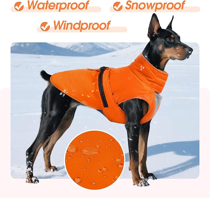 Extra Large Dog Coat, Warm Dog Winter Jacket, Waterproof Dogs Snowsuit with Foldable High Collar, Reflective Strips, Adjustable Hook & Loop Closure - Ideal for Cold Weather - Orange 5XL