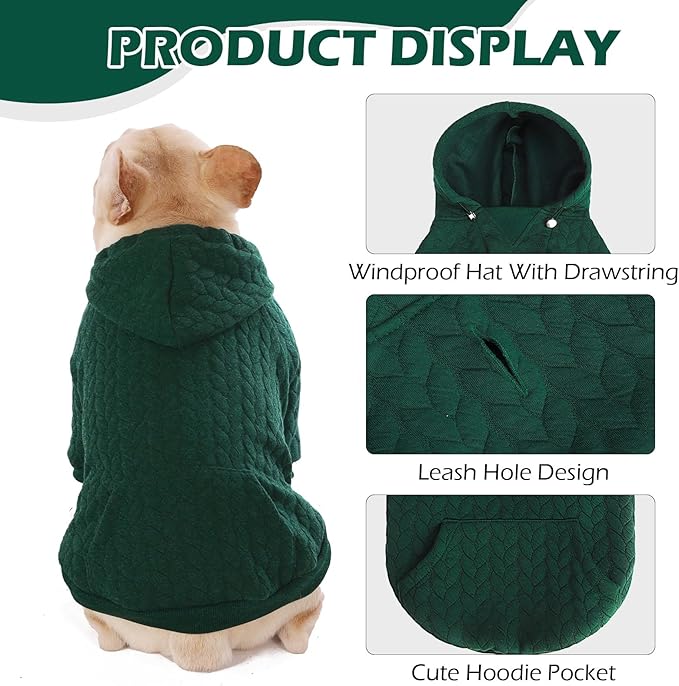 EXPAWLORER Textured Cable Knit Basic Dog Hoodie, Elevated Style Dog Sweater with Leash Hole and Pocket, Soft and Warm Pet Winter Coat, Cold Weather Clothes for Small Medium Large Dogs Cats, Green XS