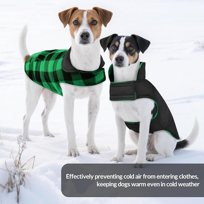 ASENKU Dog Winter Coat, Fleece Doggie Jacket Plaid Reversible Vest Waterproof Windproof Cold Weather Clothes for Small Medium Large Dogs (L, Green)