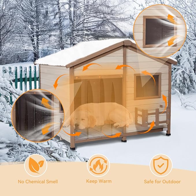 Petsfit All-Season Large Wooden Dog House Outdoor for Extra Large Breeds up to 200lbs, Insulated Weatherproof Shelter with PVC Roof & Elevated Floor, Easy Assembly, 47-Inch, Off-White