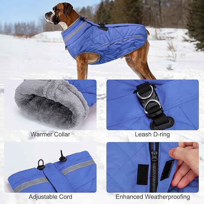 Dog Coat, Warm Dog Winter Coat for Large Dogs, Waterproof Jacket with Harness Built in, Reflective Turtleneck Cold Weather Coats with Zipper,Pet Fleece Vest Snow Jacket, Blue L
