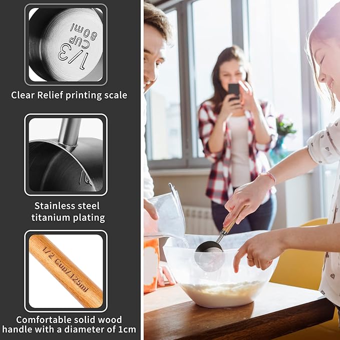 Measuring Cup with Wooden Handle, 3/4 Cup Titanium-plating 180ml Stainless Steel,Dog Food Scoop, Space Gray