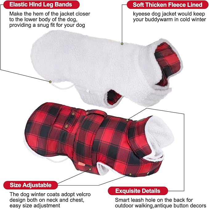 KYEESE Dog Coat Windproof Dog Coats for Small Dogs Waterproof Dogs Jacket with Fleece Lined Soft Pet Sweater for Cold Weather Warm Pet Winter Puffer Coat with Leash Hole Thick Cat Clothes with Pocket