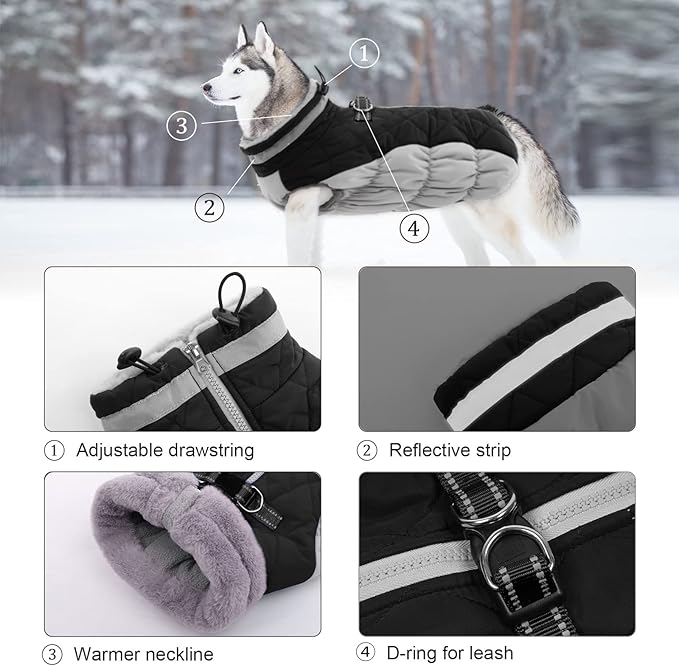 Lelepet Dog Coat Warm Dog Winter Coat Waterproof Dogs Jacket with Harness Built in Reflective Pet Fleece Vest Zip-Up Cold Weather Coats for Large Dogs Turtleneck & Windproof Coats Pitbull Black 2XL