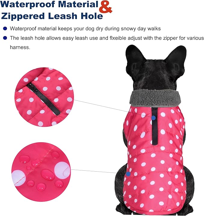 Dog Winter Coat, Waterproof Dog Jacket with Leash Hole, Reflective Adjustable Pet Snow Vest, Warm Fleece Sweater for Small Medium Large Dogs - Pink Polka Dot, 3XL