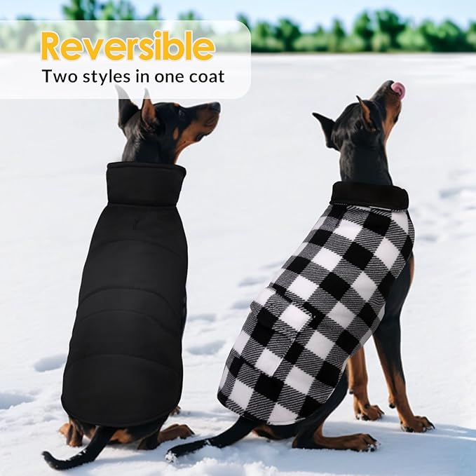 ASENKU Dog Winter Coat, Fleece Doggie Jacket Plaid Reversible Vest Waterproof Windproof Cold Weather Clothes for Small Medium Large Dogs (L, White)