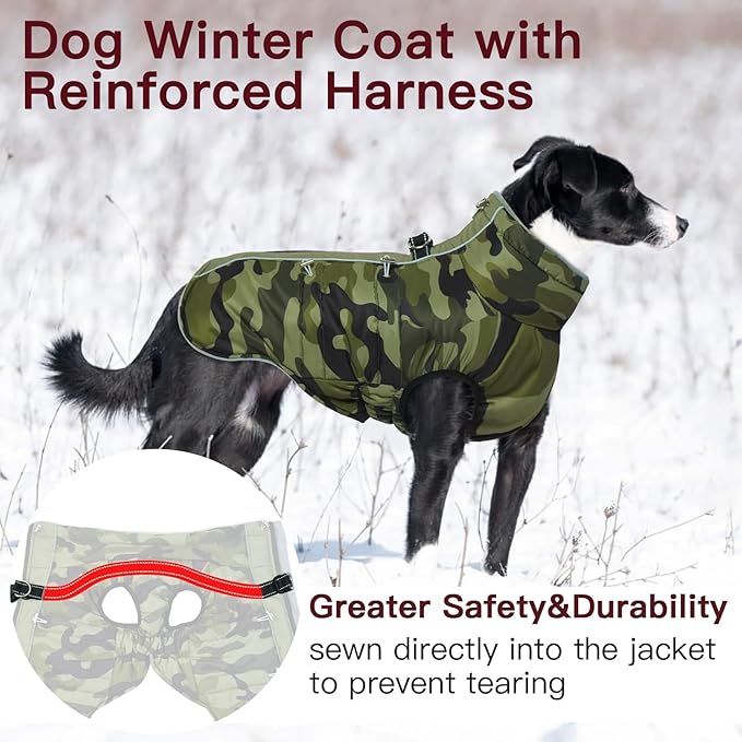 Dog Coat Dog Winter Jacket-Large, Warm Zip Up Snowsuit Dog Harness Vest Reflective Water-Resistant Dog Coat Dog Snow Jacket for Large Dogs French Bulldog, Pug, Camouflage