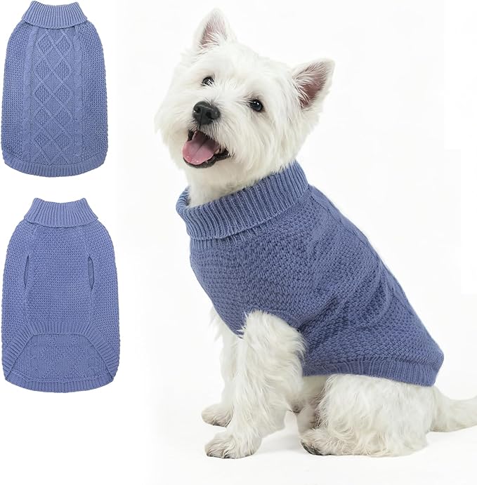 Mihachi Turtleneck Dog Sweater - Winter Coat Apparel Classic Cable Knit Clothes with Leash Hole for Cold Weather, Ideal Gift for Pet in New Year Grayish Blue S