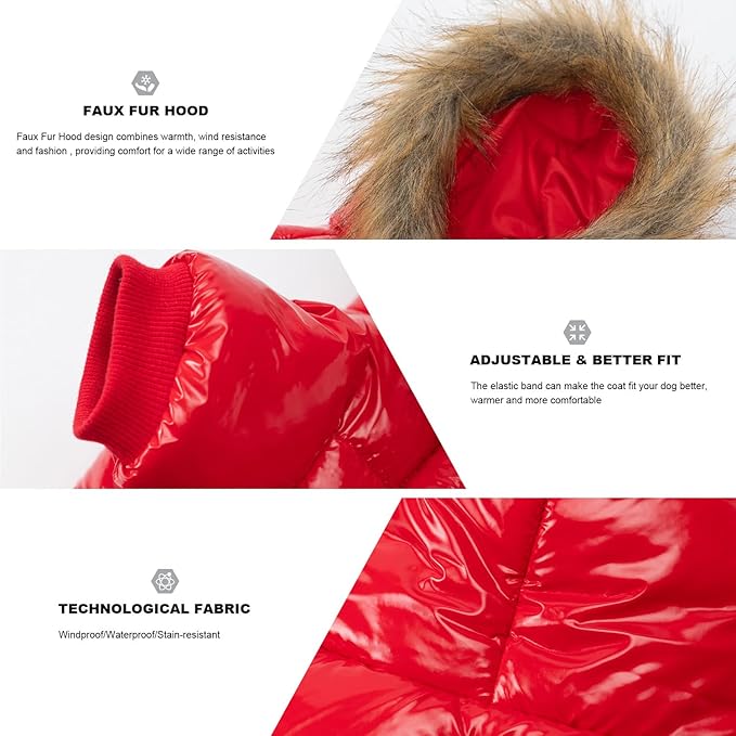 PINA Dog Winter Coat, Dog Winter Jacket with Large Faux Fur Hood, Dog Winter Vest Windproof and Warm, Suitable for Small to Large Dogs, Red, L