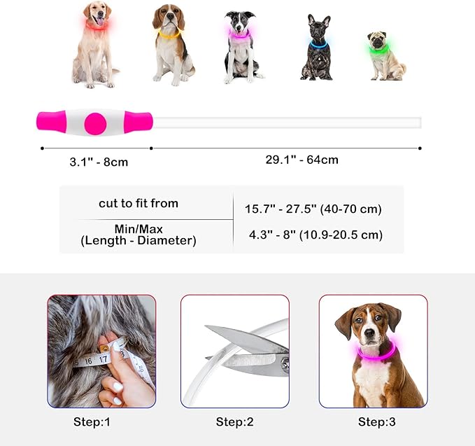 Light Up Dog Collar, USB Rechargeable Dlitk LED Dog Collar 1 Count, TPU Cuttable Glow Collar for Dogs, Dog Light for Large Medium Dogs Walking at Night (Pink)
