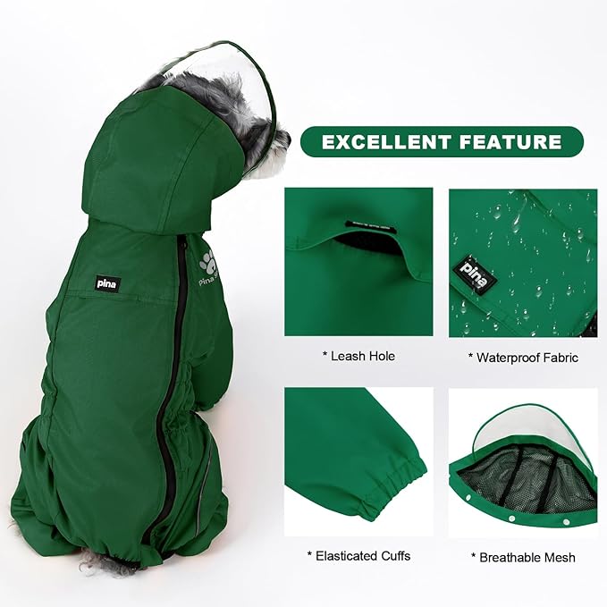 PINA Lightweight Dog Jacket with Hood and Leash Hole, Waterproof Dog Raincoat, Full Wrap Design with Reflective Strap and Pocket for Wet Weather Protection