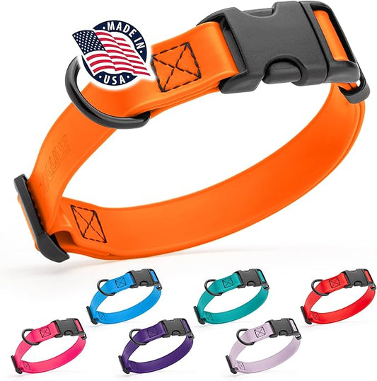 Dogline Biothane Waterproof Dog Collar with Quick Release Buckle Strong Coated Nylon Webbing with Odor- Proof for Easy Care Easy to Clean Fits Small Medium Large Dogs, Orange 5/8" W 9-14" L