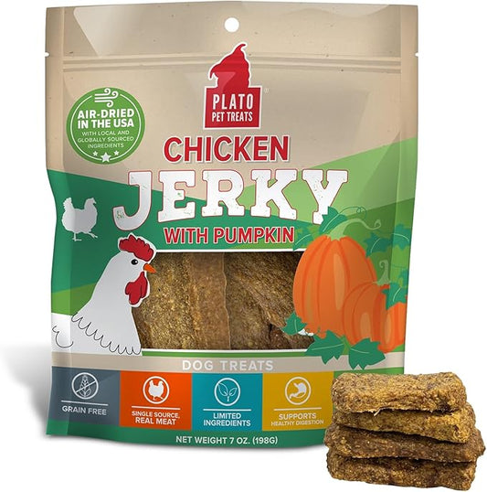 PLATO Pet Treats Dog Treats - Air-Dried Jerky for Dogs - Delicious, Real Meat Dog Treats - Grain Free - Supports Healthy Digestion - Chicken Jerky with Pumpkin 7oz