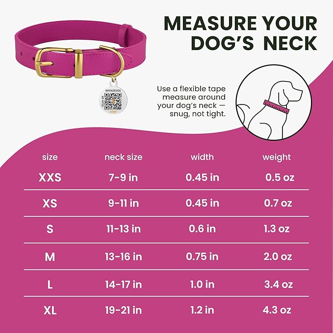 BRONZEDOG Leather Dog Collar with QR ID Tag Basic Pet Collars for Small Mini Dogs Cats Puppies (7-9 Inch (Pack of 1), Pink & Gold Buckle)
