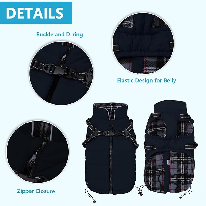 Geyecete Winter Warm Coat Waterproof Dog Jacket with Harness Traction Belt, Pet Outdoor Jacket - Navy - XXL