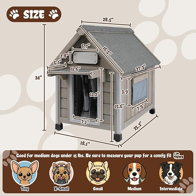 Wooden Outdoor Dog House for Small Dogs, Weatherproof Pet Shelter with Reinforced Frame, Ventilated Window, PVC Door Flap, and Nameplate,18" L x 25" W x 24" H