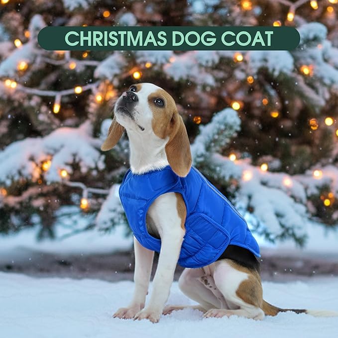 Kuoser Dog Puffer Jacket Warm Dog Coat for Large Dogs, Windproof Reflective Pet Padded Vest Cold Weather Clothes Puppy Snowsuit with Hook & Loop Coats, Easy On/Off, Blue XL