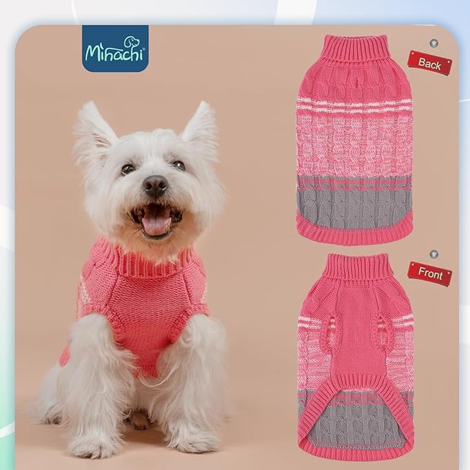 Mihachi Soft & Warm Dog Sweater - Pink Turtleneck Knitted Pullover with Leash Hole, Size L