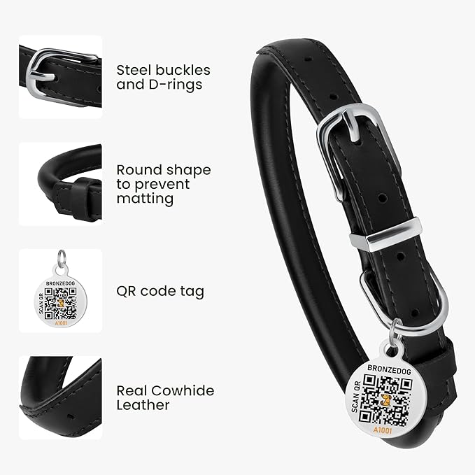BRONZEDOG Rolled Leather Dog Collar for Small Medium Large Dogs with QR ID Tag (S: 12-14 Inch, Glossy Black)