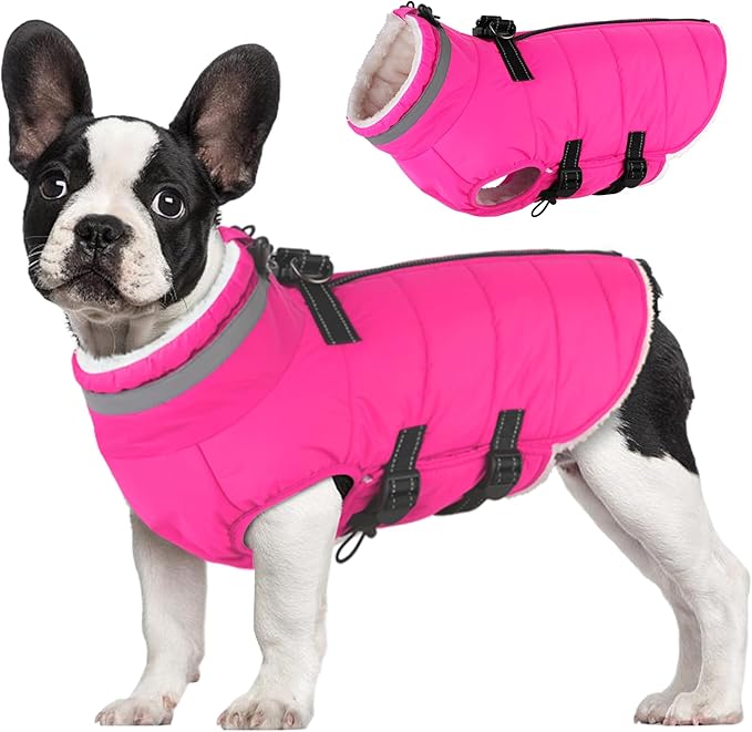 Large Dog Coat with Harness Built-in, Waterproof Reflective Fleece Lined - Warm Windproof Winter Jacket with Back Zipper, Cold Weather Snow Dog Coats - Pink - 2XL