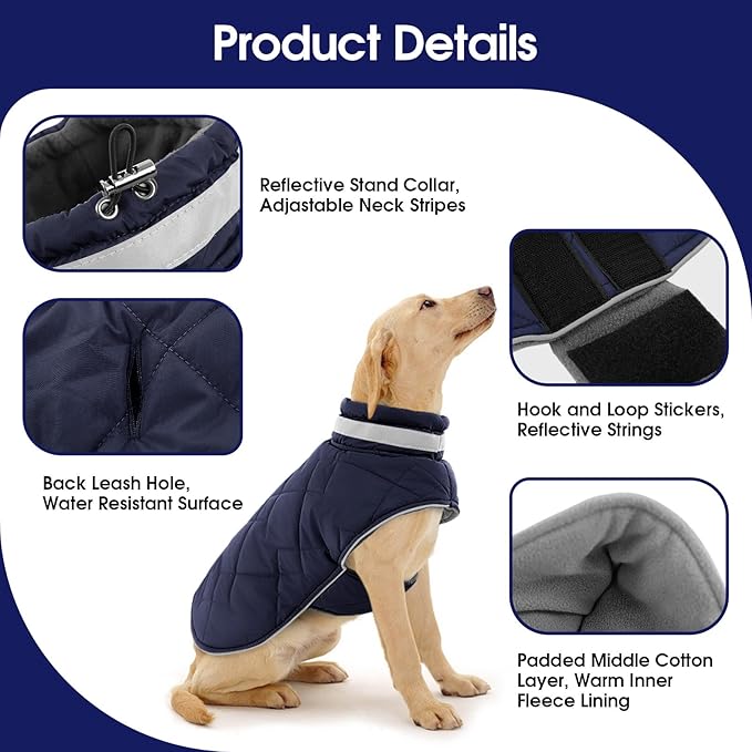 Dog Winter Coat Warm Padded Puppy Jacket Windproof Water Resistant Clothes for Small Medium Large Pets Christmas Sweater Outfit Vest(DarkBlue, S)